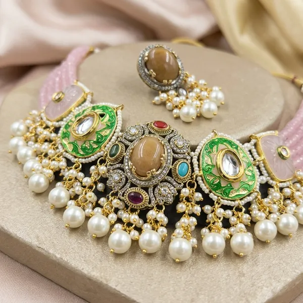 Pink_Enamel_Brass_Kundan_Choker_Necklace_Set_With_Pearl_Drops_For_Women