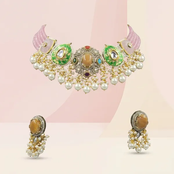 Pink_Enamel_Brass_Kundan_Choker_Necklace_Set_With_Pearl_Drops_For_Women
