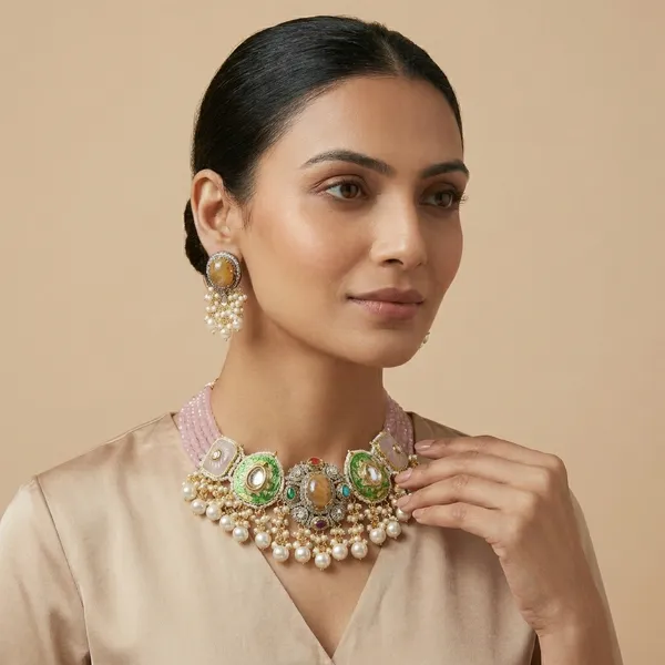 Pink_Enamel_Brass_Kundan_Choker_Necklace_Set_With_Pearl_Drops_For_Women