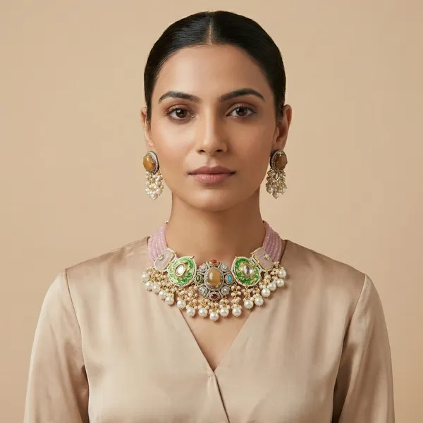 Pink_Enamel_Brass_Kundan_Choker_Necklace_Set_With_Pearl_Drops_For_Women