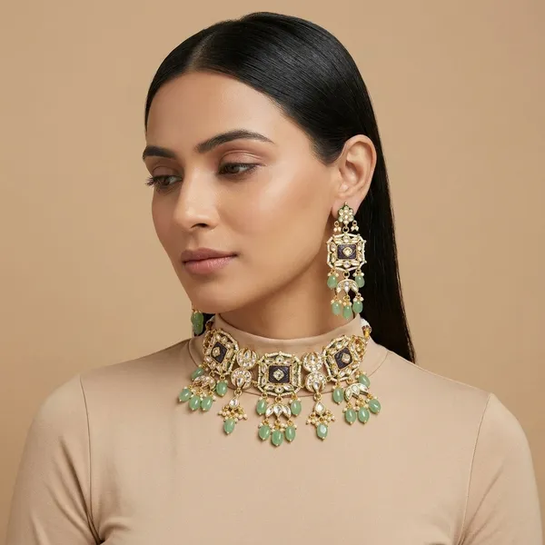 Gold_Plated_Blue_Kundan_Green_Stone_Necklace_Set_For_Women