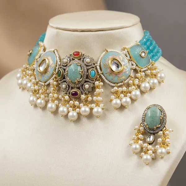 Turquoise_Brass_Kundan_Pearl_Choker_Necklace_Set_For_Women
