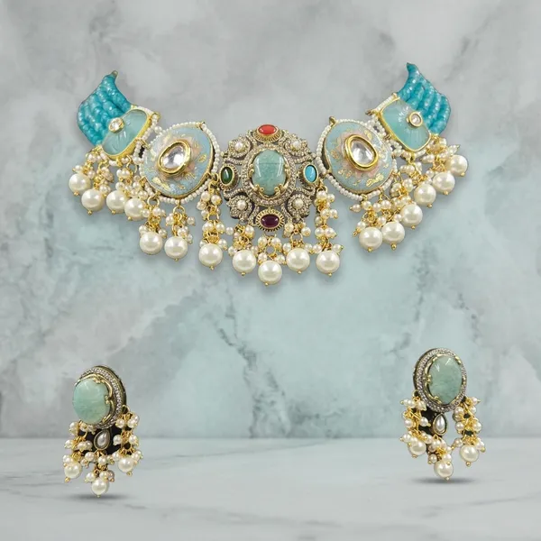 Turquoise_Brass_Kundan_Pearl_Choker_Necklace_Set_For_Women