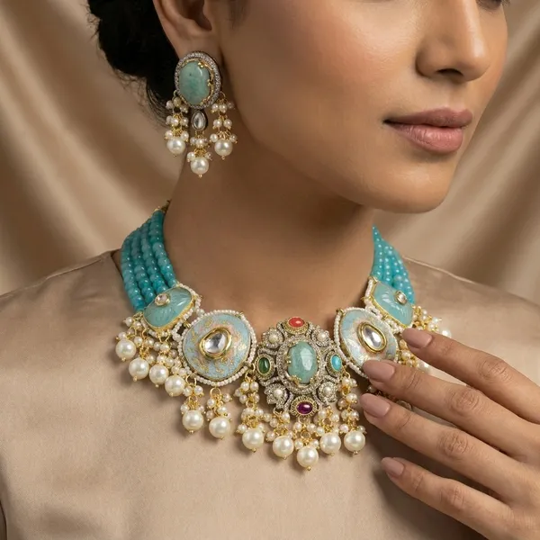 Turquoise_Brass_Kundan_Pearl_Choker_Necklace_Set_For_Women