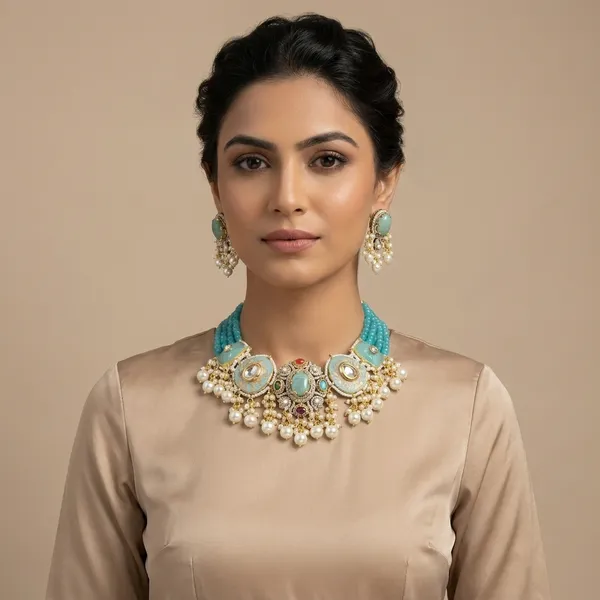 Turquoise_Brass_Kundan_Pearl_Choker_Necklace_Set_For_Women
