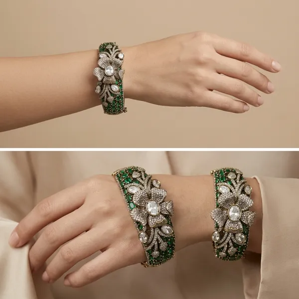 Green_Crystal_Embellished_Silver_Tone_Floral_Bracelet_For_Women