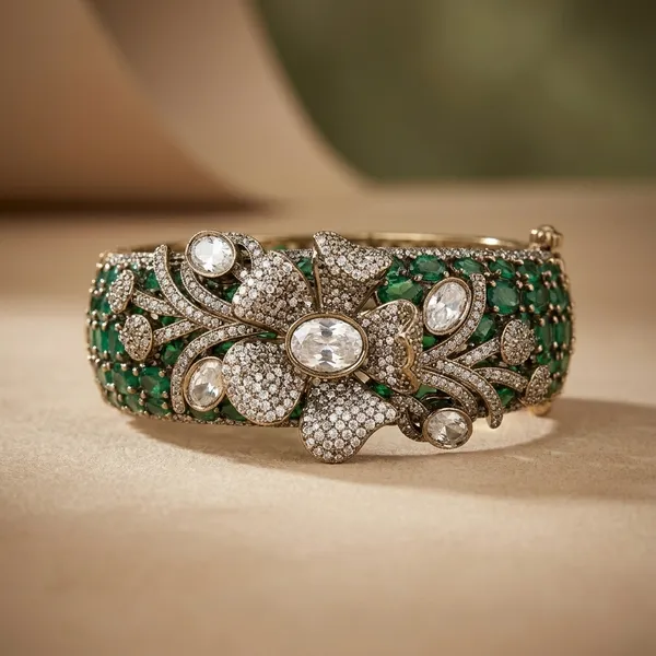 Green_Crystal_Embellished_Silver_Tone_Floral_Bracelet_For_Women