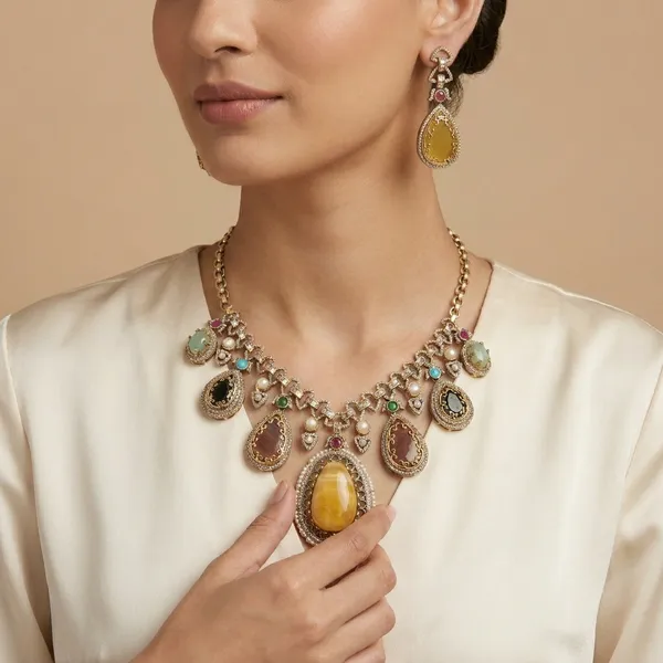 Multicolor_Stone_Gold_Tone_Brass_Statement_Necklace_Set_For_Women