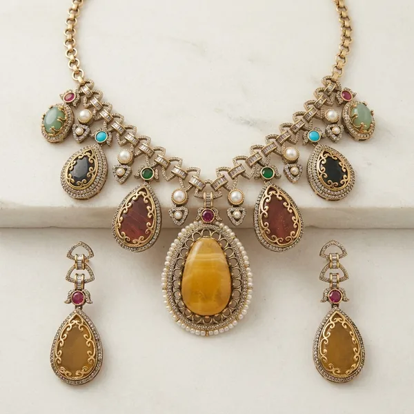 Multicolor_Stone_Gold_Tone_Brass_Statement_Necklace_Set_For_Women
