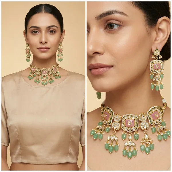 Pink_Kundan_Meena_Necklace_Set_With_Green_Beads