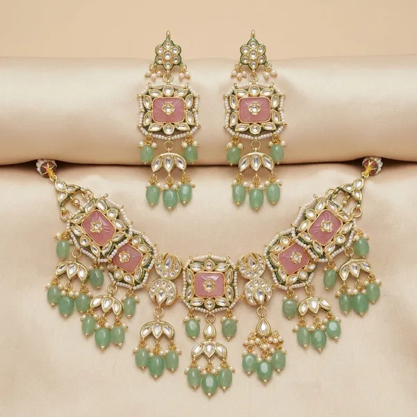 Pink_Kundan_Meena_Necklace_Set_With_Green_Beads