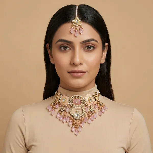 Golden_Pink_Kundan_Meenakari_Bridal_Choker_Necklace_Set