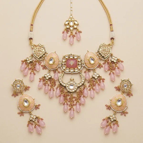 Golden_Pink_Kundan_Meenakari_Bridal_Choker_Necklace_Set
