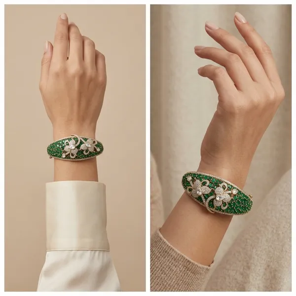 Green_Crystal_Embellished_Floral_Cuff_Bracelet_For_Women