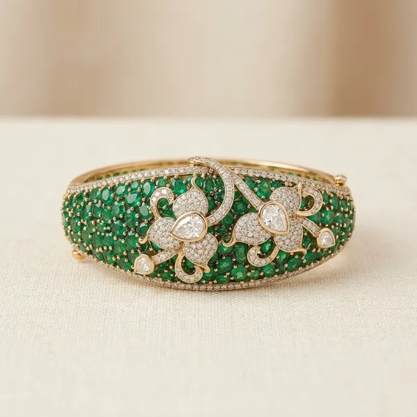Green_Crystal_Embellished_Floral_Cuff_Bracelet_For_Women