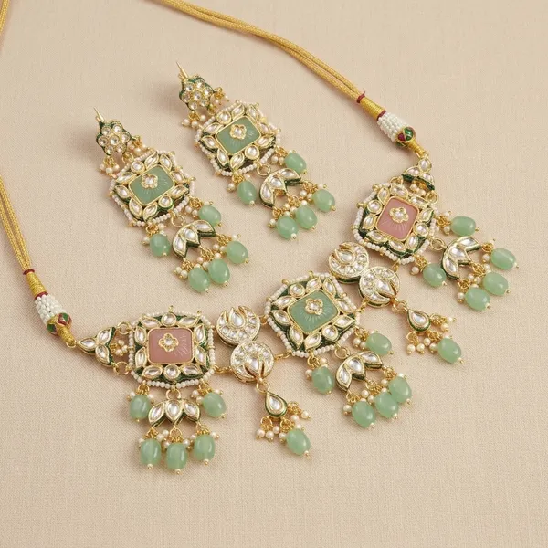 Kundan_Meenakari_Necklace_Set_With_Green_Beads