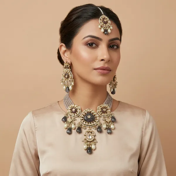 Gold_Plated_Kundan_Choker_Necklace_Set_With_Pearls_And_Grey_Stones