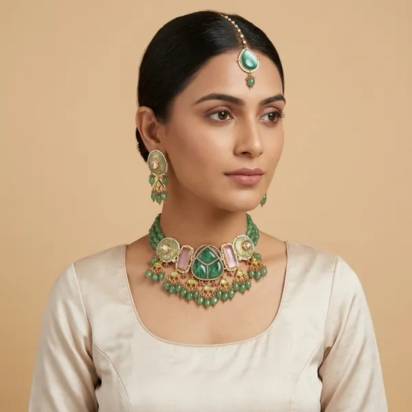 Green_Pink_Kundan_Meenakari_Choker_Necklace_Set_For_Women