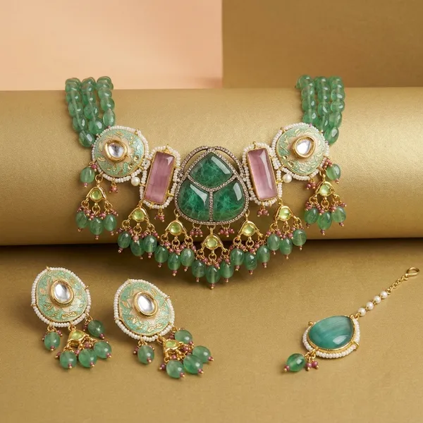 Green_Pink_Kundan_Meenakari_Choker_Necklace_Set_For_Women