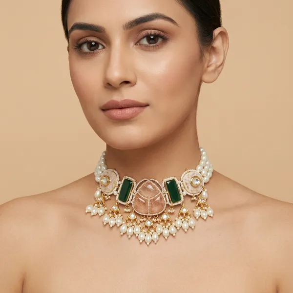 Gold_Tone_Pearl_Kundan_Choker_Necklace_Set_With_Maang_Tikka