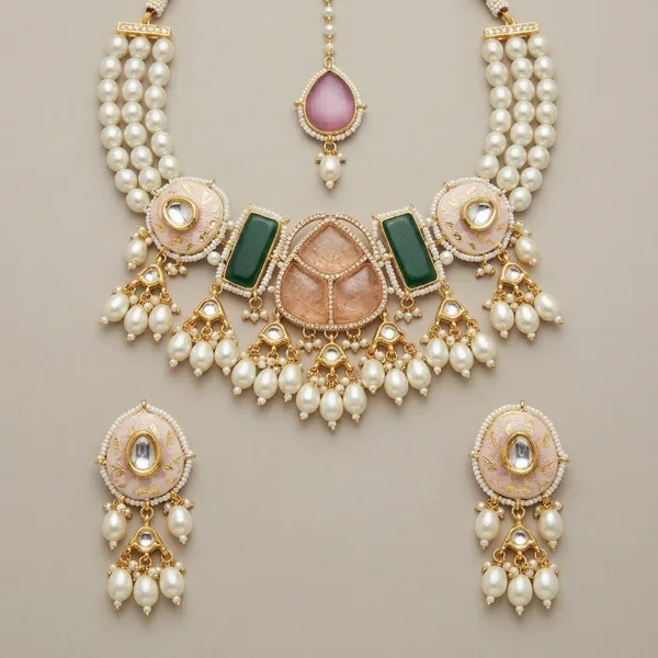 Gold_Tone_Pearl_Kundan_Choker_Necklace_Set_With_Maang_Tikka