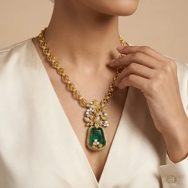 Gold_Plated_Green_Stone_Floral_Brass_Necklace_Set_For_Women