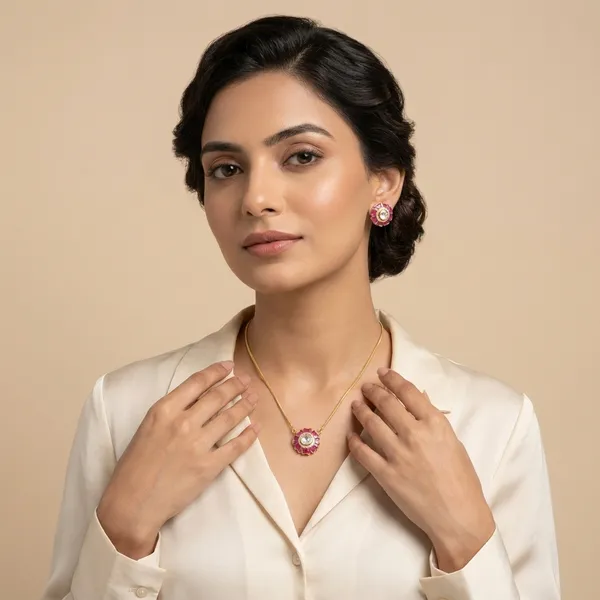 Pink_Floral_Ruby_Stone_Gold_Tone_Pendant_Set_For_Women