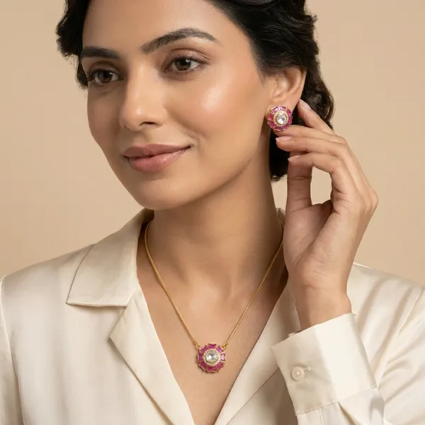 Pink_Floral_Ruby_Stone_Gold_Tone_Pendant_Set_For_Women