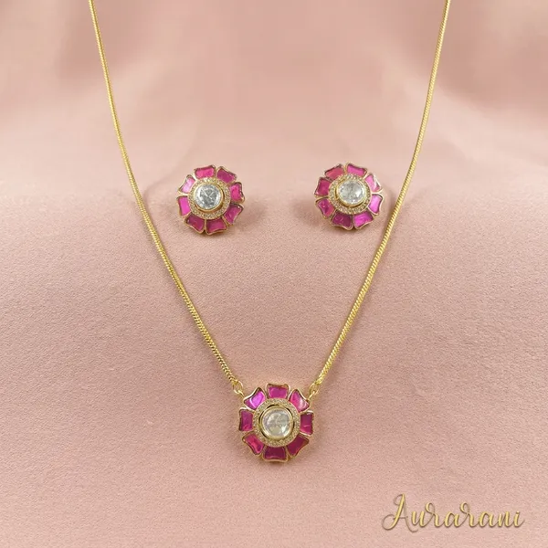 Pink_Floral_Ruby_Stone_Gold_Tone_Pendant_Set_For_Women
