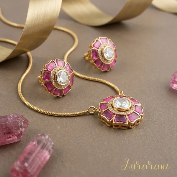 Pink_Floral_Ruby_Stone_Gold_Tone_Pendant_Set_For_Women