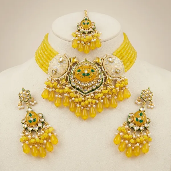Yellow_Meenakari_Kundan_Choker_Necklace_Set_With_Earrings_And_Maang_Tikka