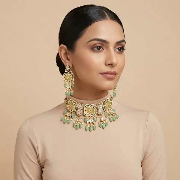 Gold_Tone_Kundan_Meenakari_Necklace_Set_With_Green_Drops