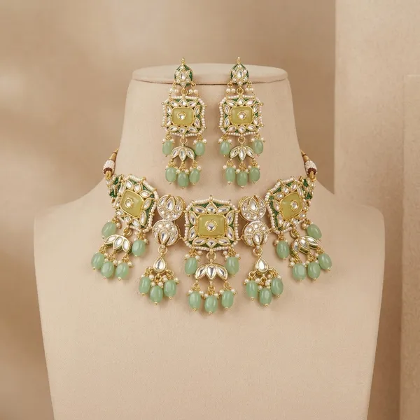 Gold_Tone_Kundan_Meenakari_Necklace_Set_With_Green_Drops