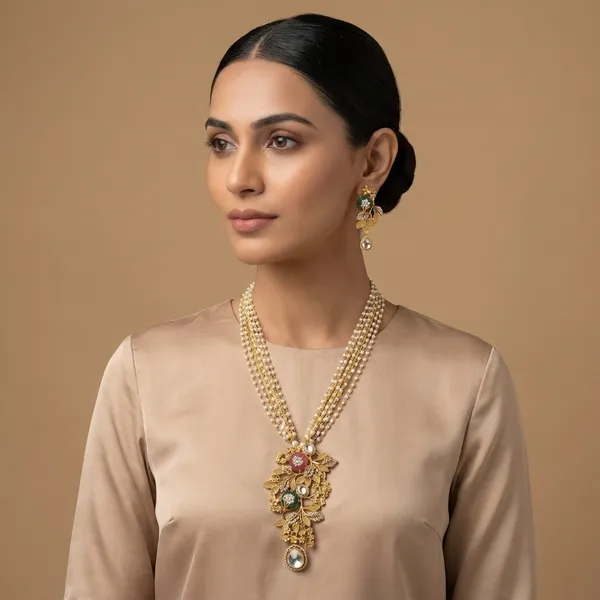 Gold_Tone_Floral_Pearl_Beaded_Kundan_Brass_Necklace_Set_For_Women