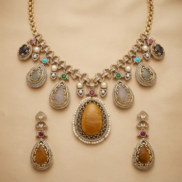 Gold_Tone_Teardrop_Stone_Cascading_Statement_Necklace_Set_For_Women