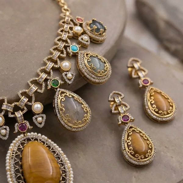 Gold_Tone_Teardrop_Stone_Cascading_Statement_Necklace_Set_For_Women