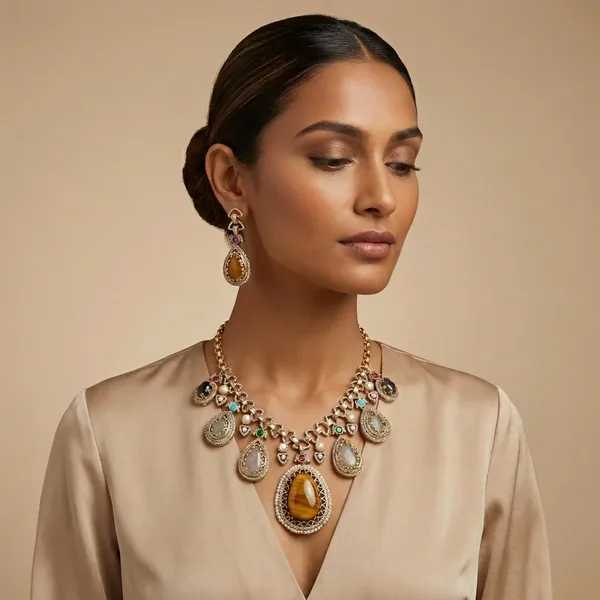 Gold_Tone_Teardrop_Stone_Cascading_Statement_Necklace_Set_For_Women