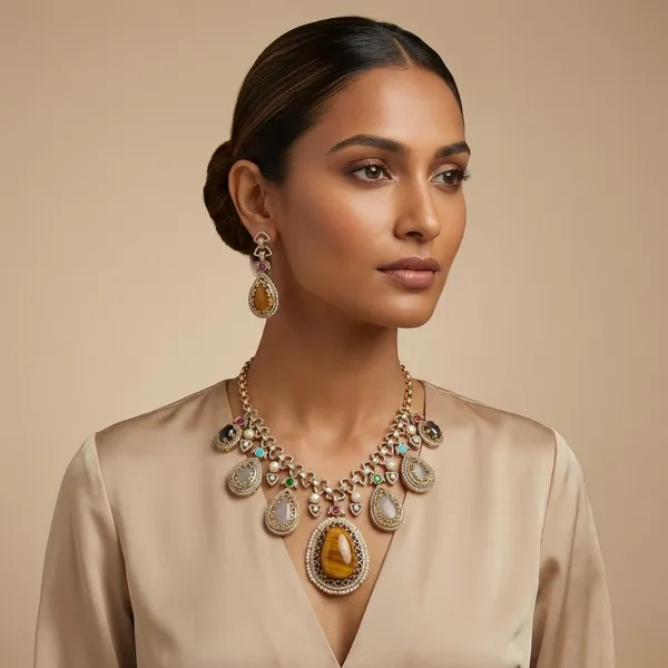 Gold_Tone_Teardrop_Stone_Cascading_Statement_Necklace_Set_For_Women