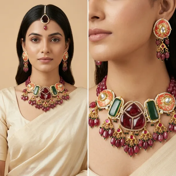 Multicolor_Kundan_Meenakari_Choker_Necklace_Set_With_Earrings