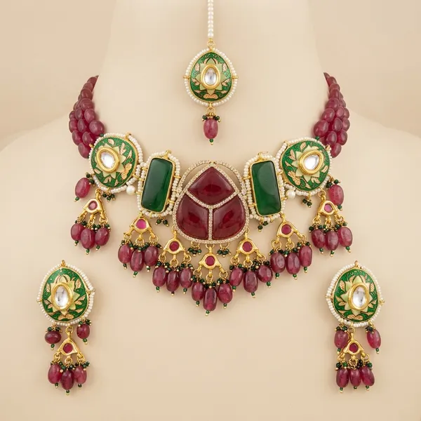 Multicolor_Kundan_Meenakari_Choker_Necklace_Set_With_Earrings