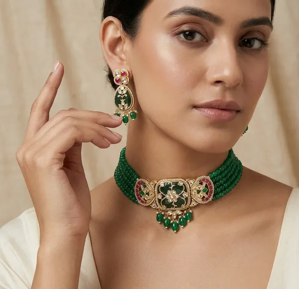 Green_Beaded_Kundan_Meenakari_Necklace_And_Earrings_Set