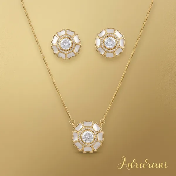 Gold_Tone_Floral_White_Stone_Pendant_Necklace_Set_For_Women