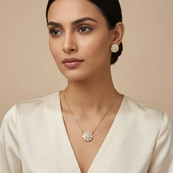 Gold_Tone_Floral_White_Stone_Pendant_Necklace_Set_For_Women