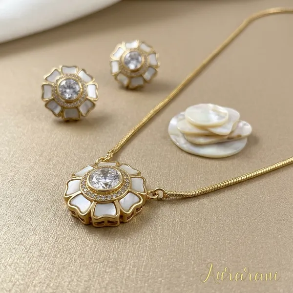 Gold_Tone_Floral_White_Stone_Pendant_Necklace_Set_For_Women