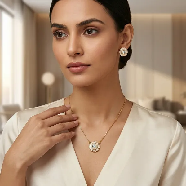 Gold_Tone_Floral_White_Stone_Pendant_Necklace_Set_For_Women
