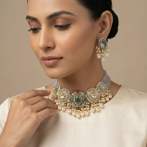 Multicolor_Kundan_Meenakari_Emerald_Pearl_Choker_Necklace_Set_For_Women