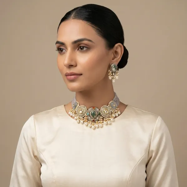Multicolor_Kundan_Meenakari_Emerald_Pearl_Choker_Necklace_Set_For_Women