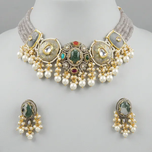 Multicolor_Kundan_Meenakari_Emerald_Pearl_Choker_Necklace_Set_For_Women