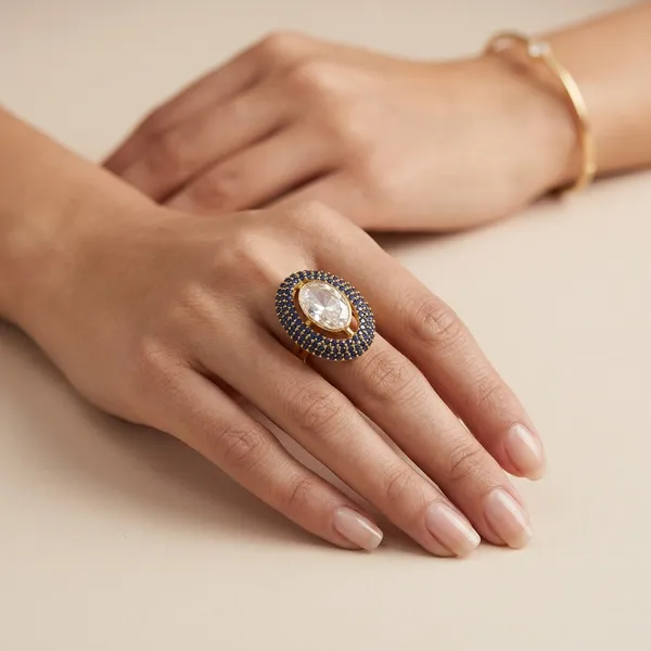 Gold_Plated_Blue_Stone_Oval_Statement_Ring_For_Women