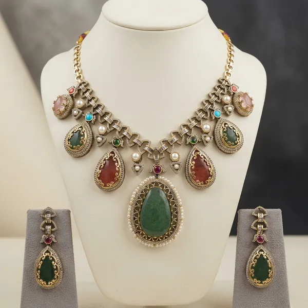 Multicolor_Gemstone_Gold_Plated_Teardrop_Necklace_Set_For_Women